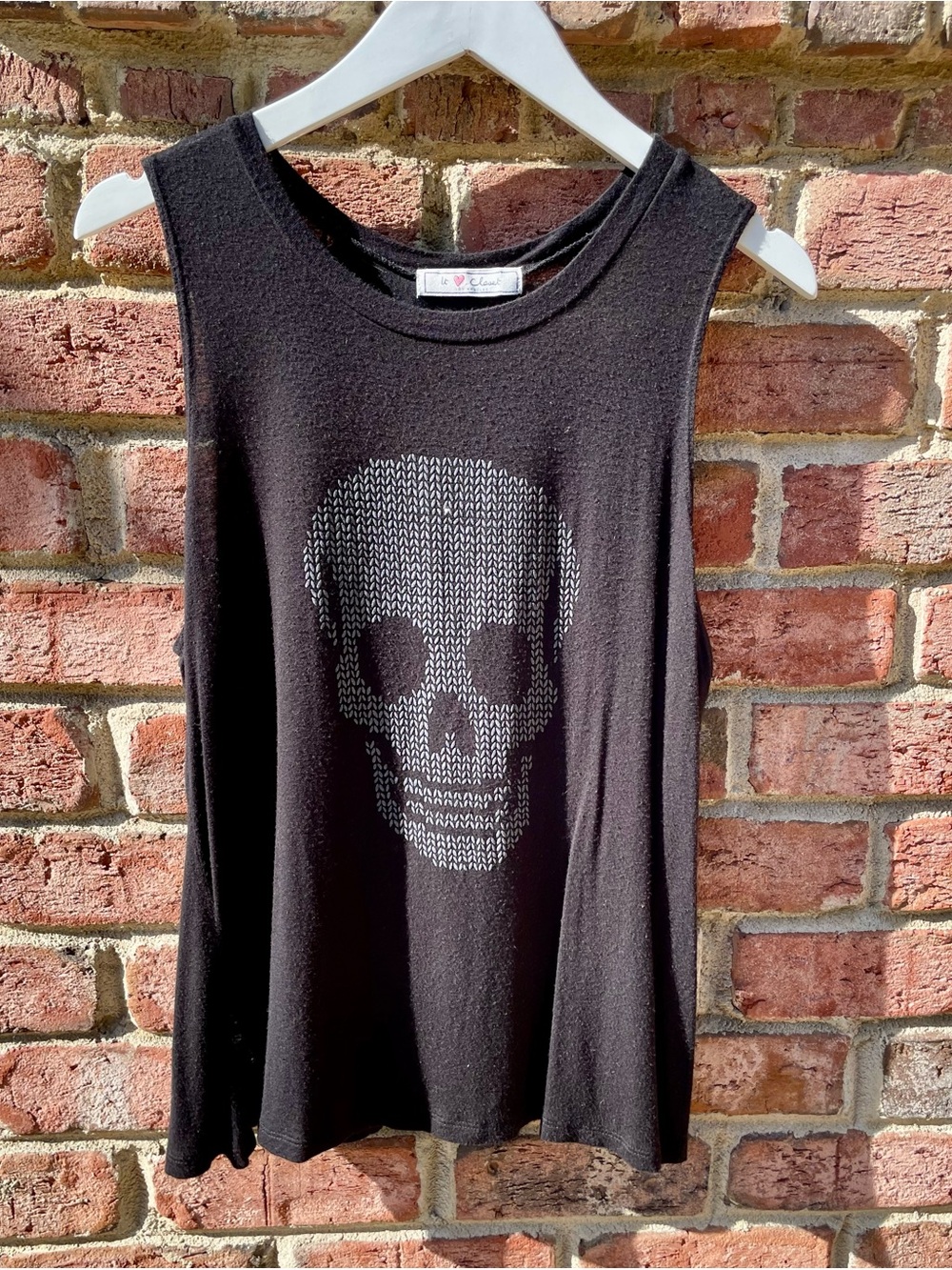 Black Sleeveless Tank Top with Raised Metallic Silver Skull